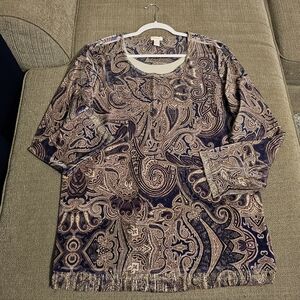 Chico's Purple Gray Velvet Silver Paisley Elegant Contemporary Blouse Sz 3/XL
